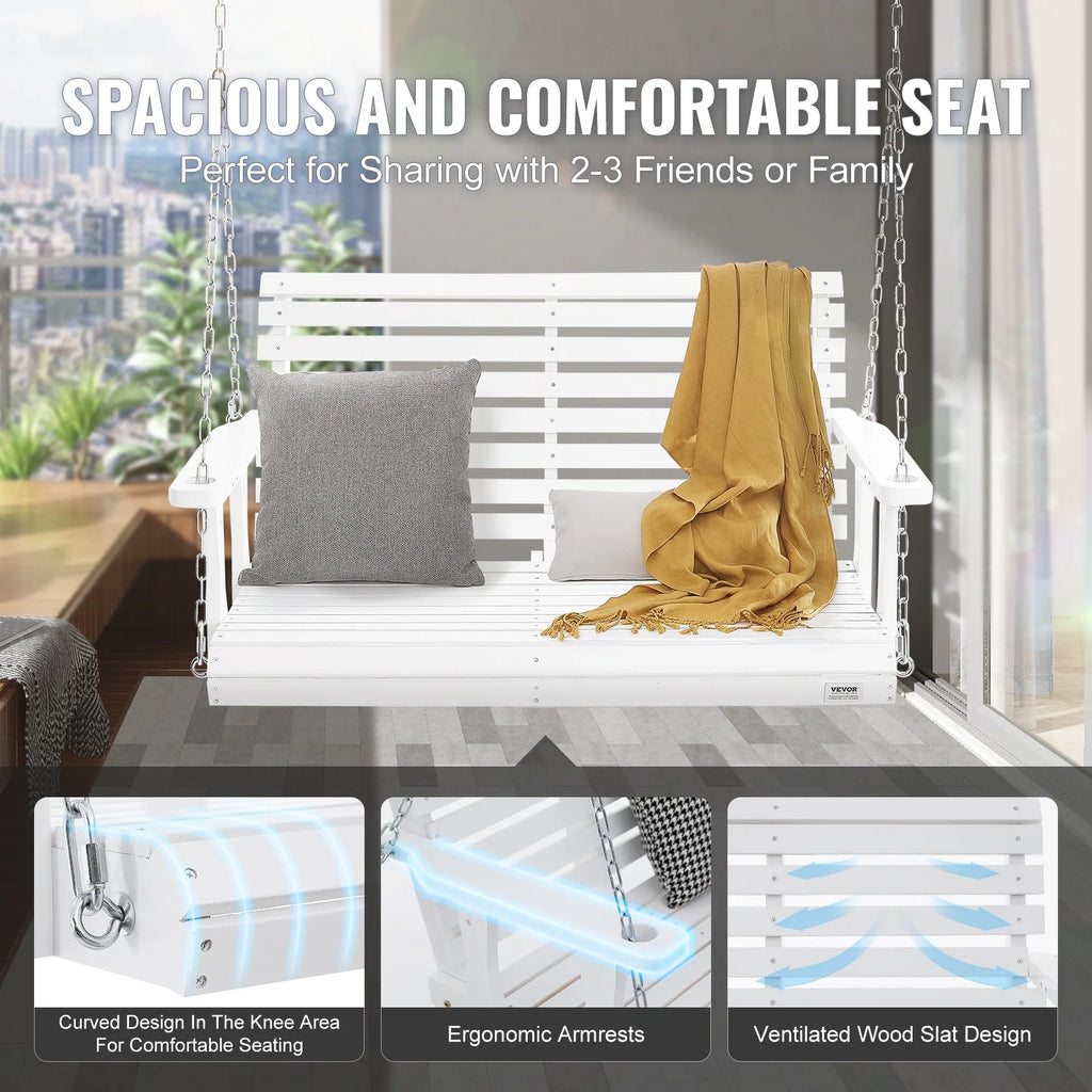 VEVOR Wooden Porch Swing 4 Ft, Patio Bench Swing for Courtyard & Garden, Upgraded 880 Lbs Strong Load Capacity, Heavy Duty Swing Chair Bench with Hanging Chains for Outdoors, White